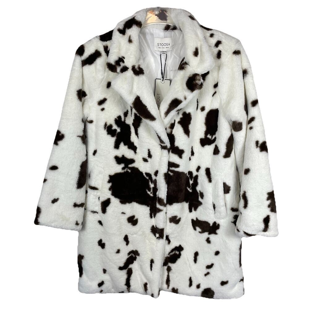 Stoosh Cow Print Faux Fur Coat Size Large Brown & White Soft Fun Aspen Chic NEW